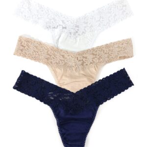 3 Pack Supima® Cotton Low Rise Thongs with Lace White/Chai/Navy