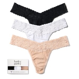 3 Pack Supima® Cotton Original Rise Thongs with Lace Black/White/Chai